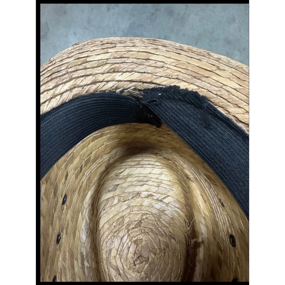 Natural Woven Straw Fedora Hat Kids with Striped Band‎ and Grommet Vent Accents
